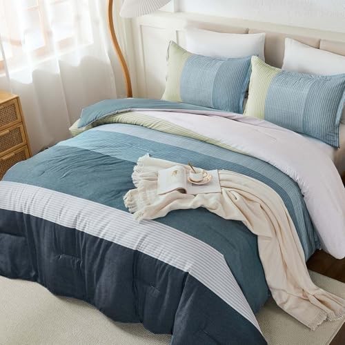 Comforter Set Size, Blue Striped Patchwork Comforter for Bed,3 King Dusty Blue