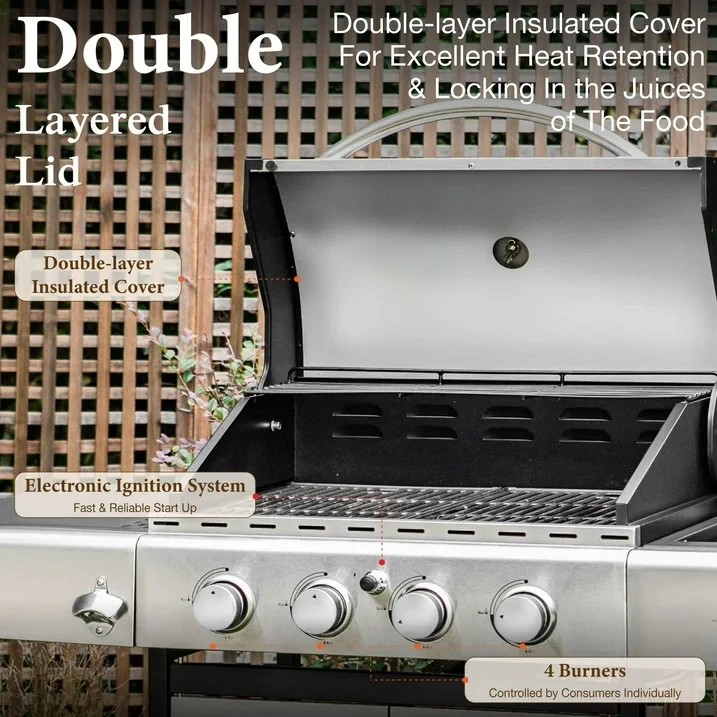 MF Studio 4 Burner Propane Gas Outdoor Grill with Side Burner Stainless Steel BB