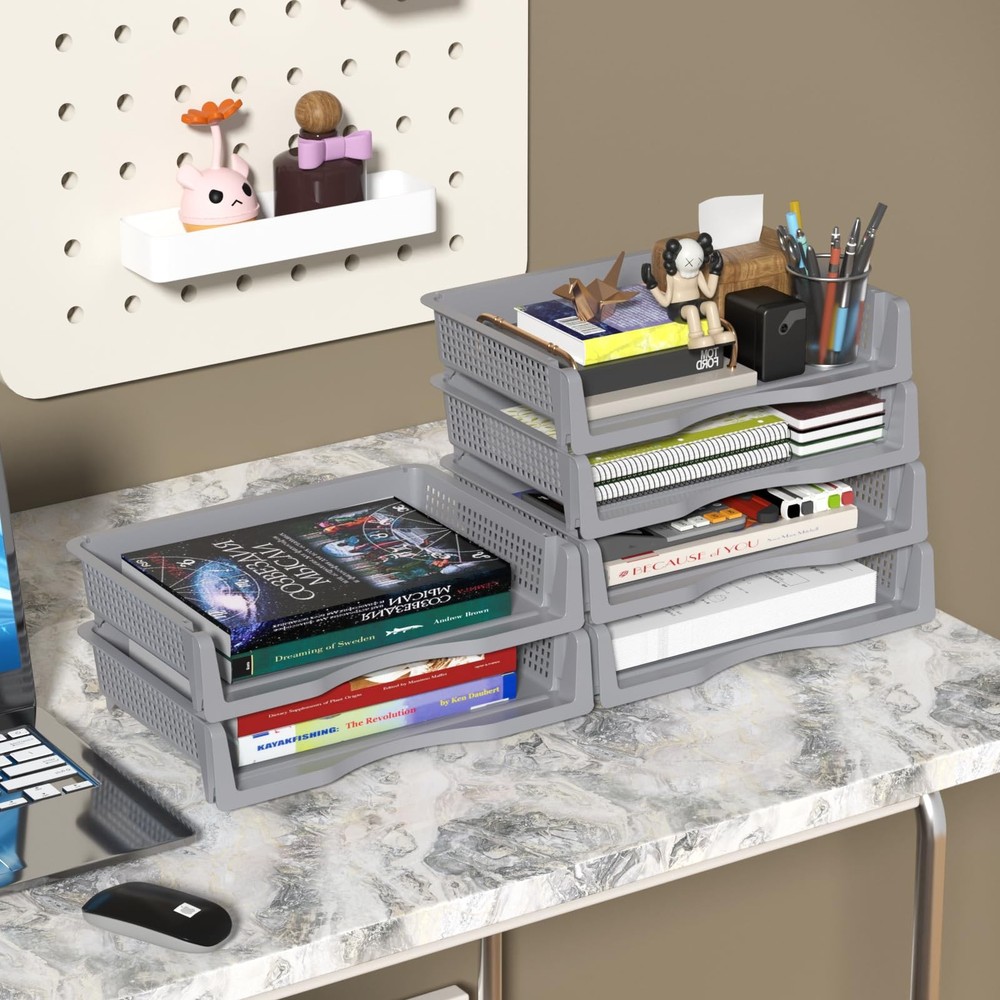 6 Pack Office Desk Tray Organizer Stackable Paper Grey Letter Tray