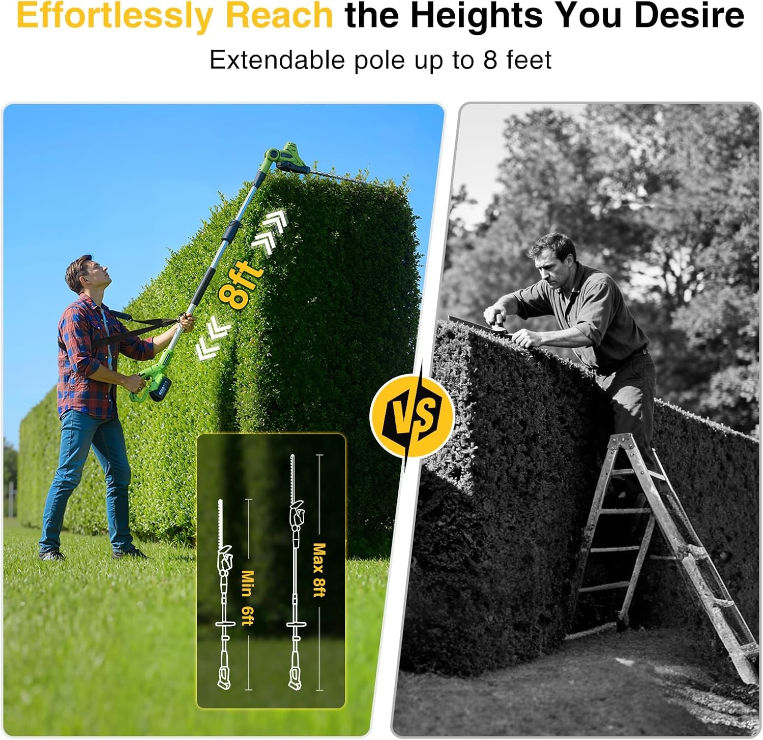 Taskstar Cordless Pole Hedge Trimmer 20" 8FT Pole 2x4000mah Dual-Action Blade