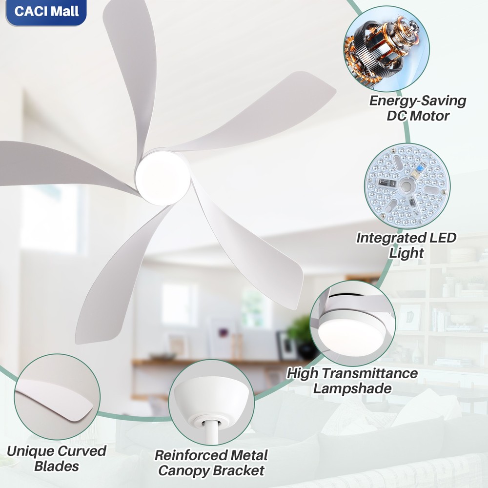 52inch White,Ceiling Fan,3-Color LED,Memory Function,6 Adjustable Speeds,Remote.