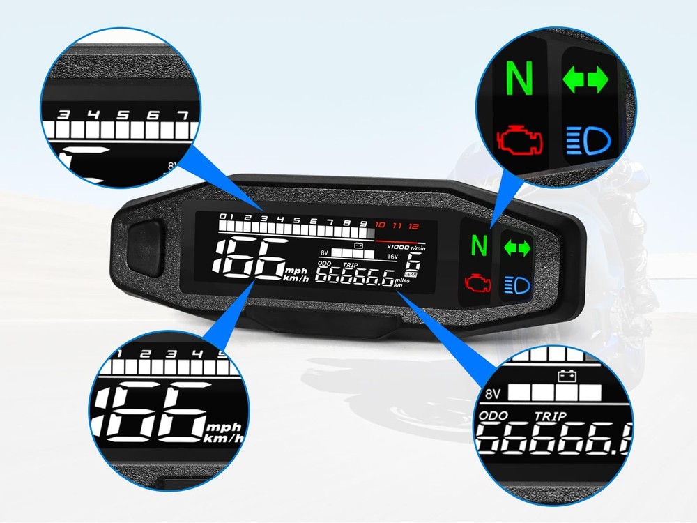 Motorcycle Digital Speedometer, Tachometer with LCD Display, Indicator, Rear...