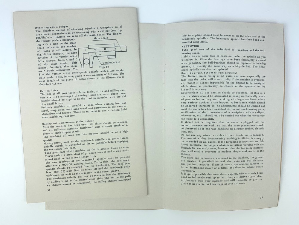 Original operating instruction Unimat universal machine tool (small book).