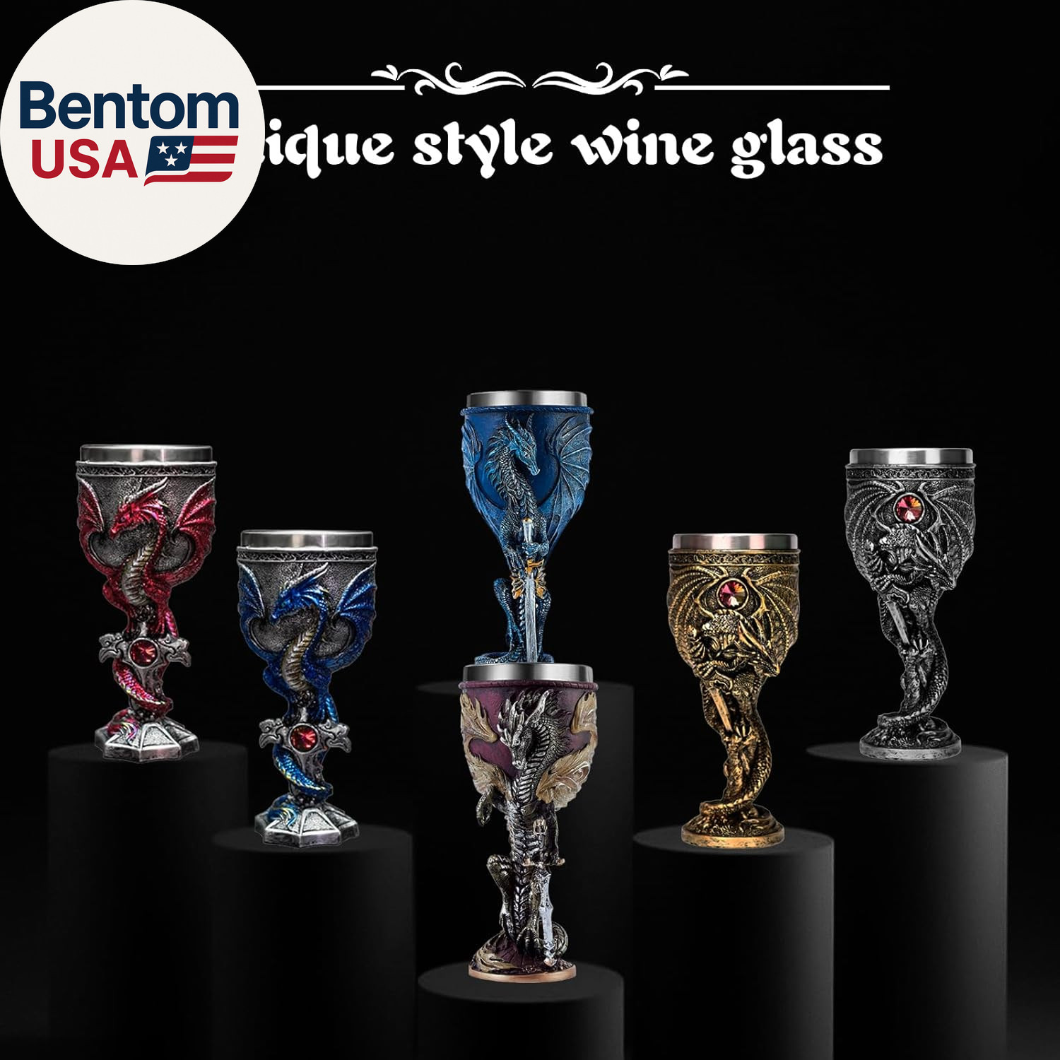 Medieval Flame Dragon Wine Goblet,Goblet Resin Wine Cup with Stainless Steel Lin