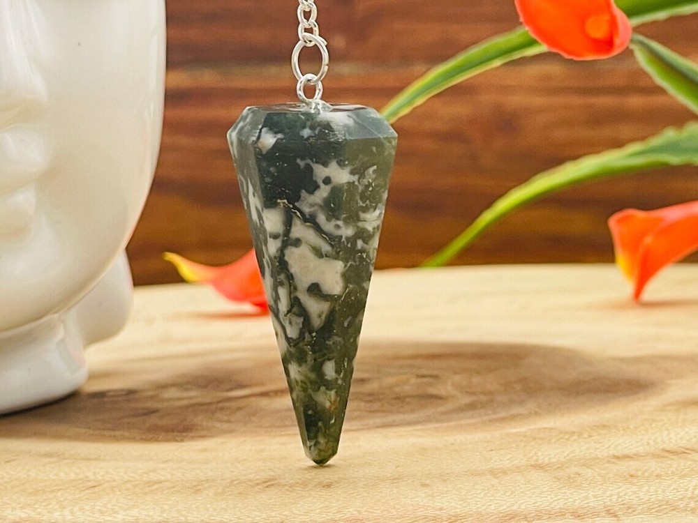 Moss Agate Crystal Pendulum With Silver Plated Chain, Moss Agate Point Pendulum