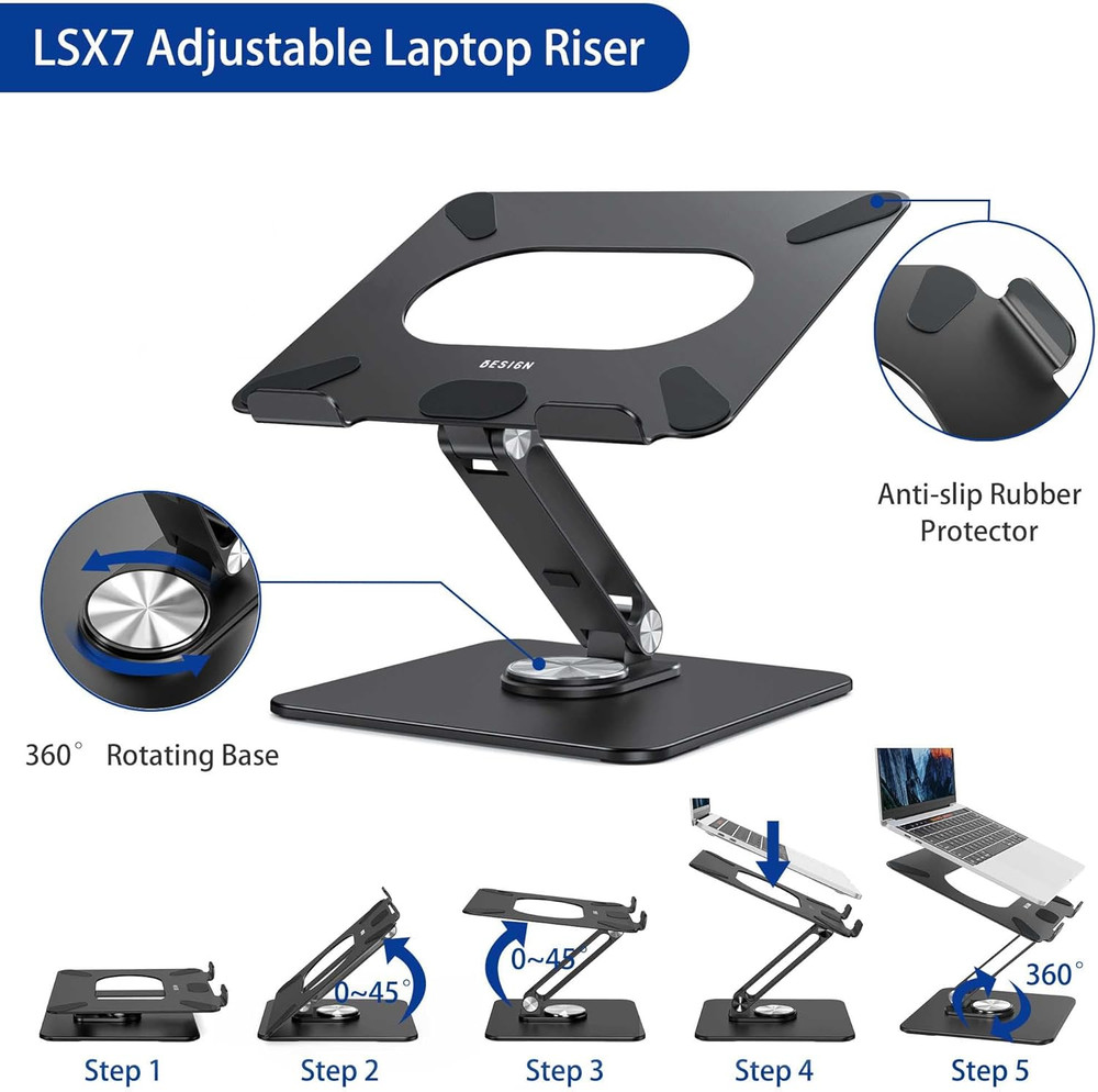 LSX7 Laptop Stand with 360 Rotating Base, Ergonomic Adjustable Notebook Riser Ho