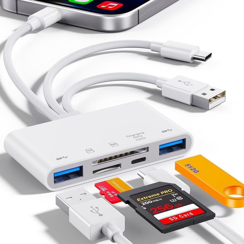 Compact 5-in-1 SD Card Reader for iPhone/iPad with Fast Transfer & Charging