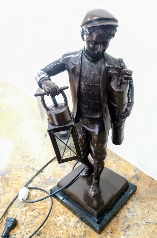 Bronze Boy Golfer Caddy Lantern Light Statue H 23"