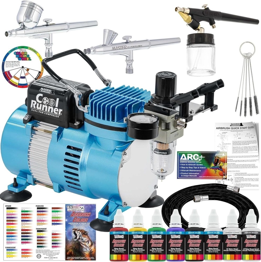 Versatile Airbrush Set with Compressor, 6 Acrylic Colors & User-Friendly Guide