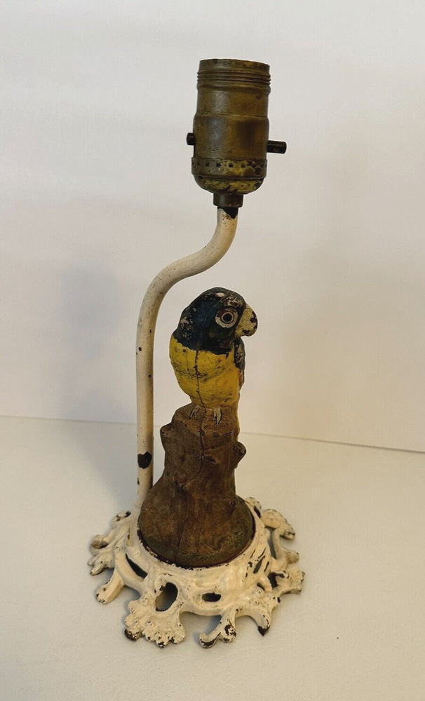 CAST IRON Antique Table LAMP Whimsical Bird, PARROT on a Tree stump