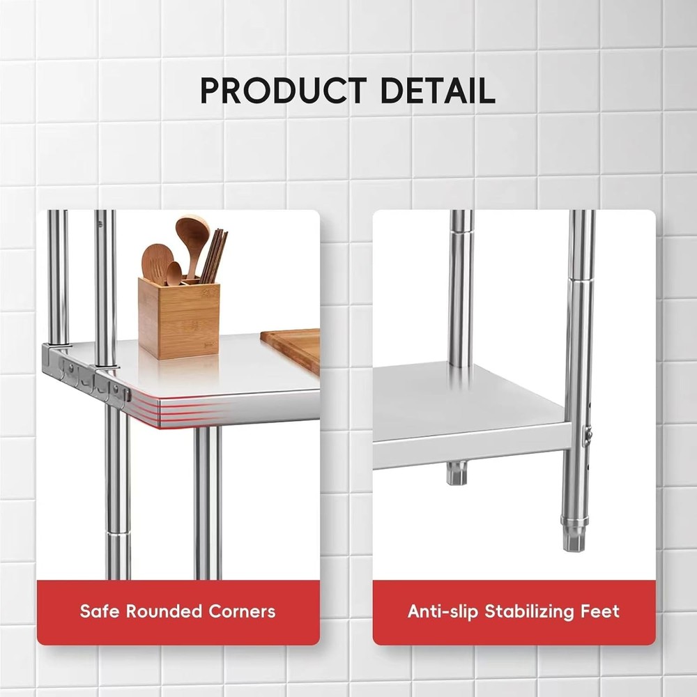 48"x24" Stainless Steel Work Table Adjustable Commercial Table for Kitchen Prep