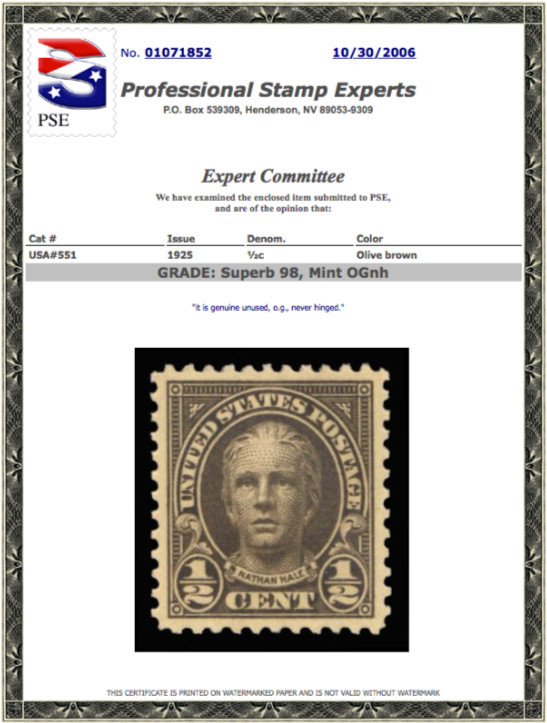 #551 MNH PSE Graded 98, PSE Certificate # 01071852