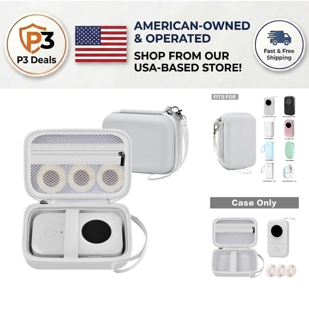 Compact Faux Leather Storage Case for Mini Label Printers with Elastic Holders