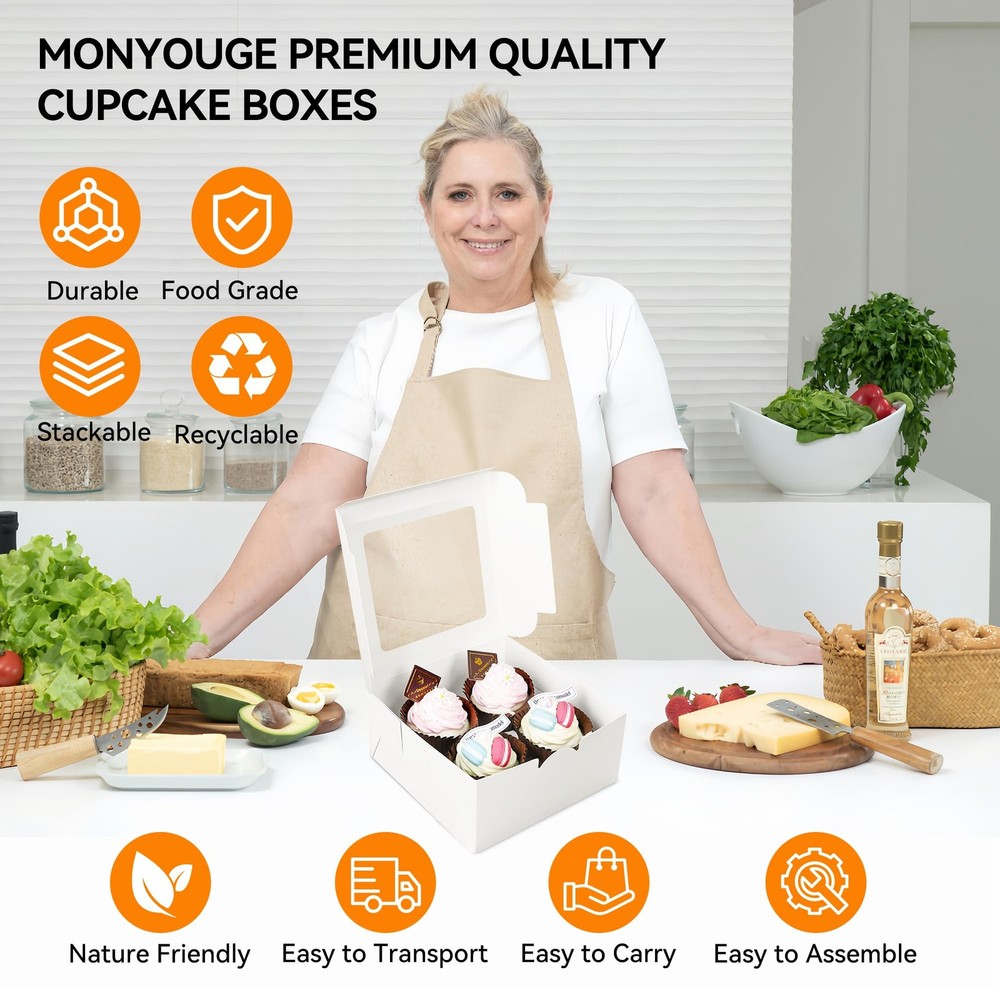 MonYouGe 30-Set Cupcake Boxes Bulk with Clear Display Window Hold 4 Standard ...