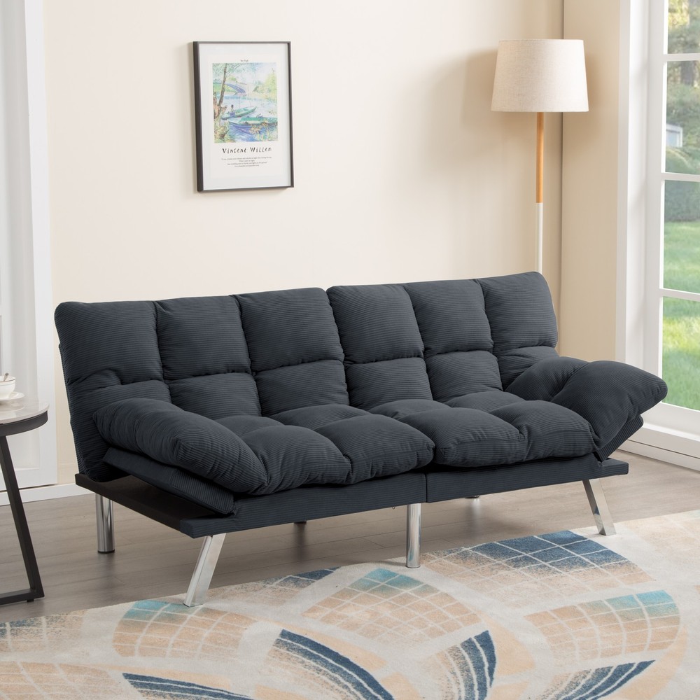 67.3" Corduroy Futon Sofa Bed Twin Sleeper Adjustable Split Back Armrests Gray