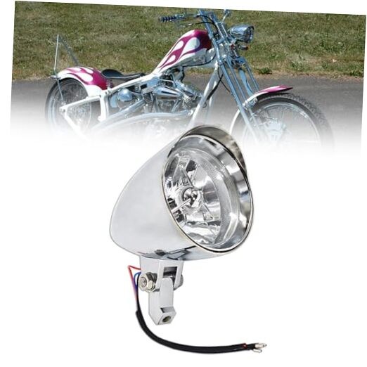 Motorcycle Chrome Visor Headlight Lamp Replacement for Bobber Chopper Dyna 12V