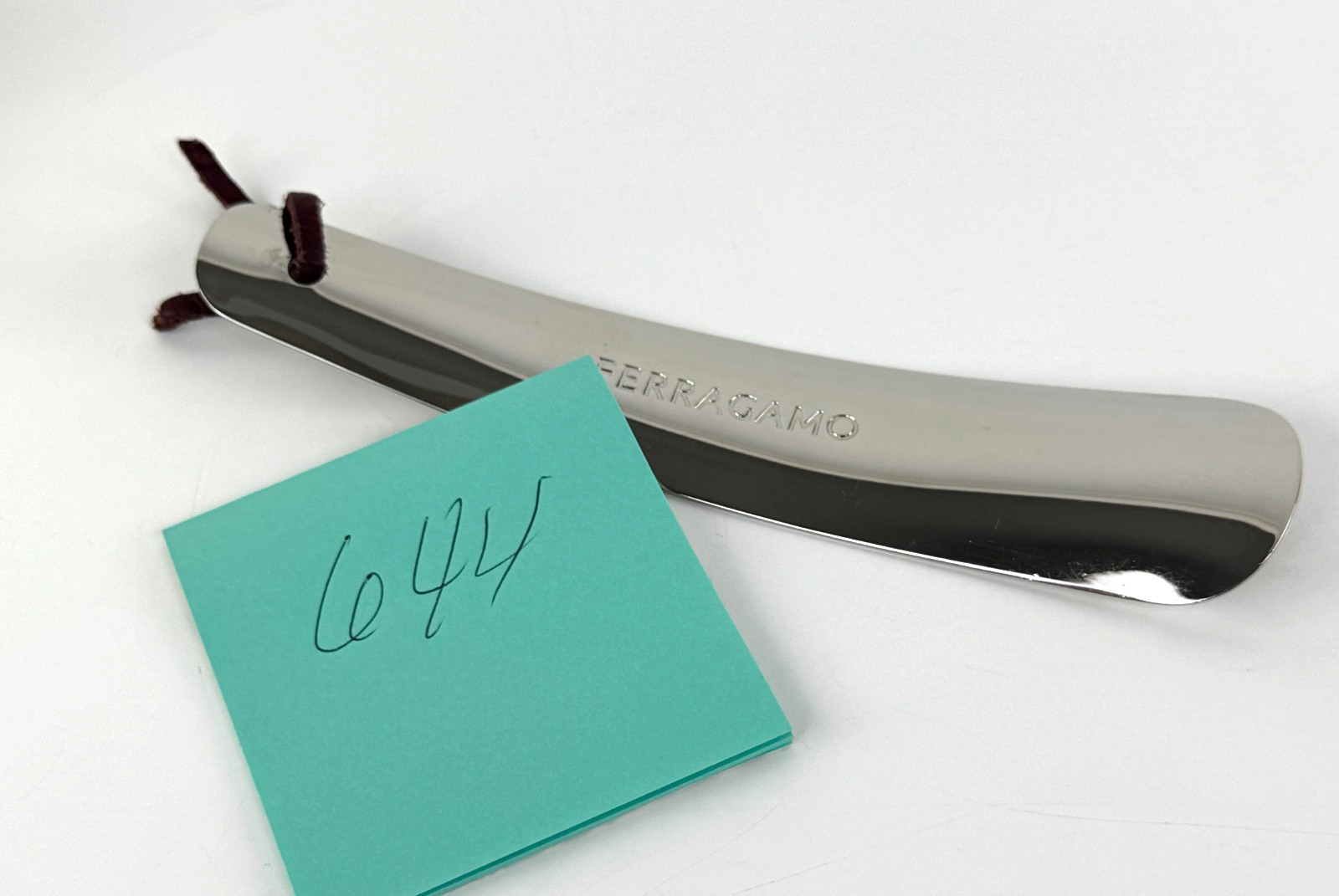 Salvatore Ferragamo New Silver Tone Metal Shoe Horn Leather Cord Strap Auth