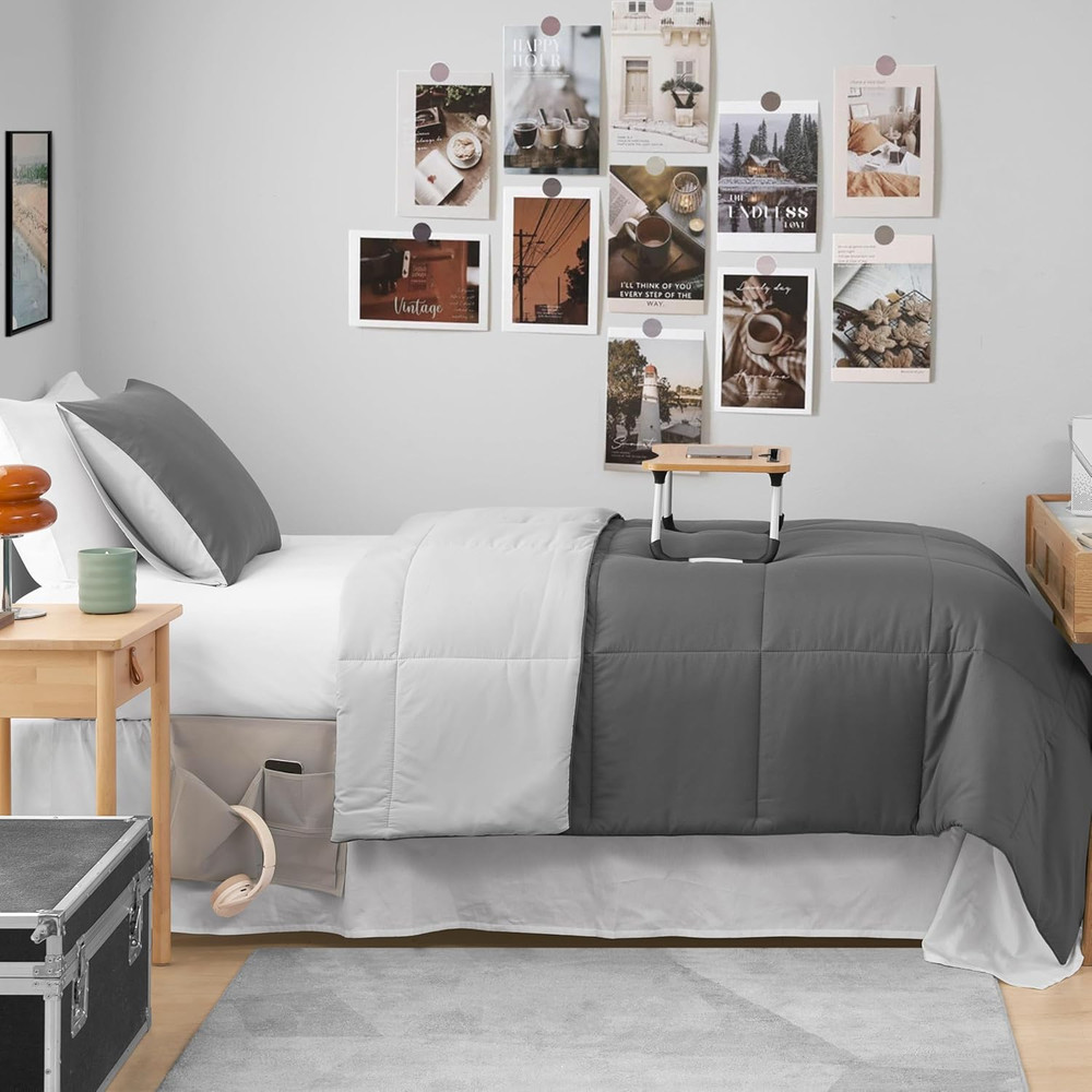 Reversible Box Stitch Comforter Set, 3-Piece Full/Queen - Grey Stylish Bedding