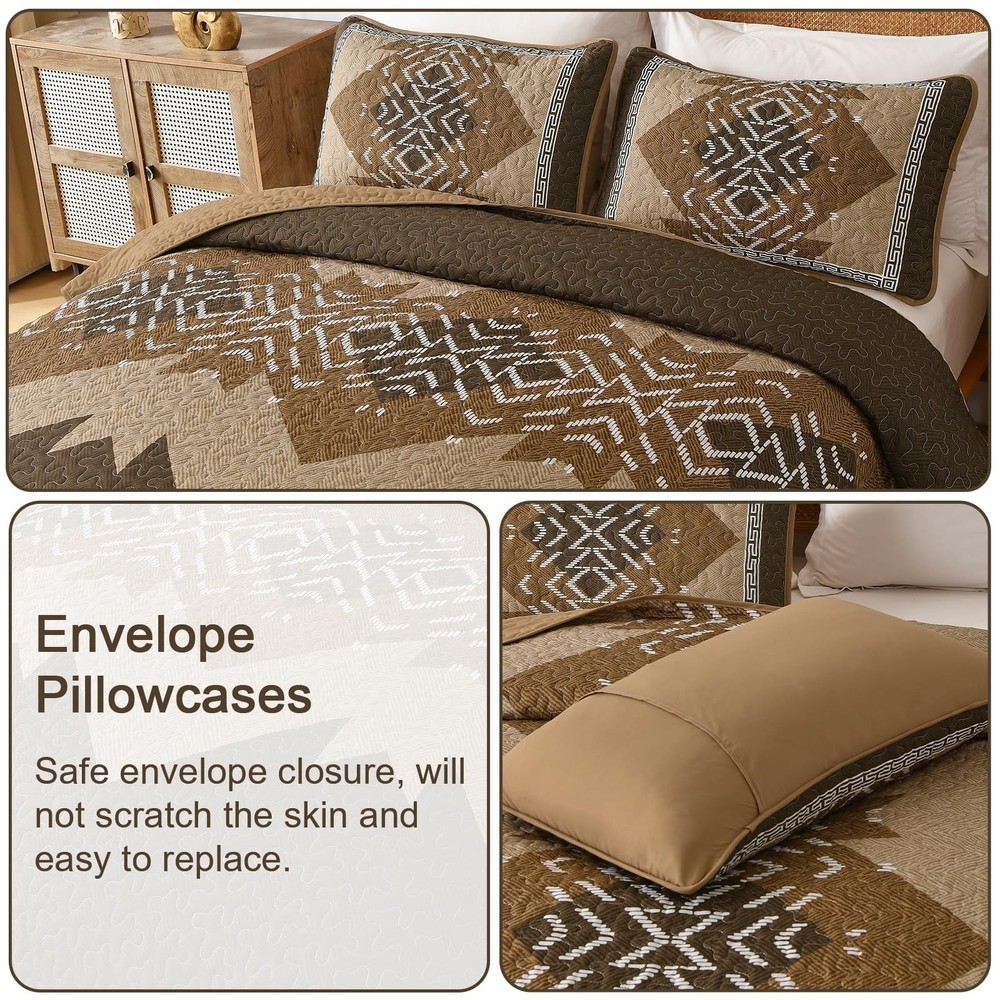 Dintszyayue Brown Quilt Set Queen Size,3 Piece Boho Aztec Texture Bedspread C...
