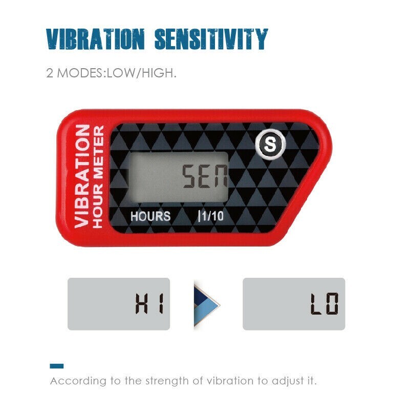 Digital LCD Wireless Vibration Hour Meter Resettable JOB Time Data Storage IP68