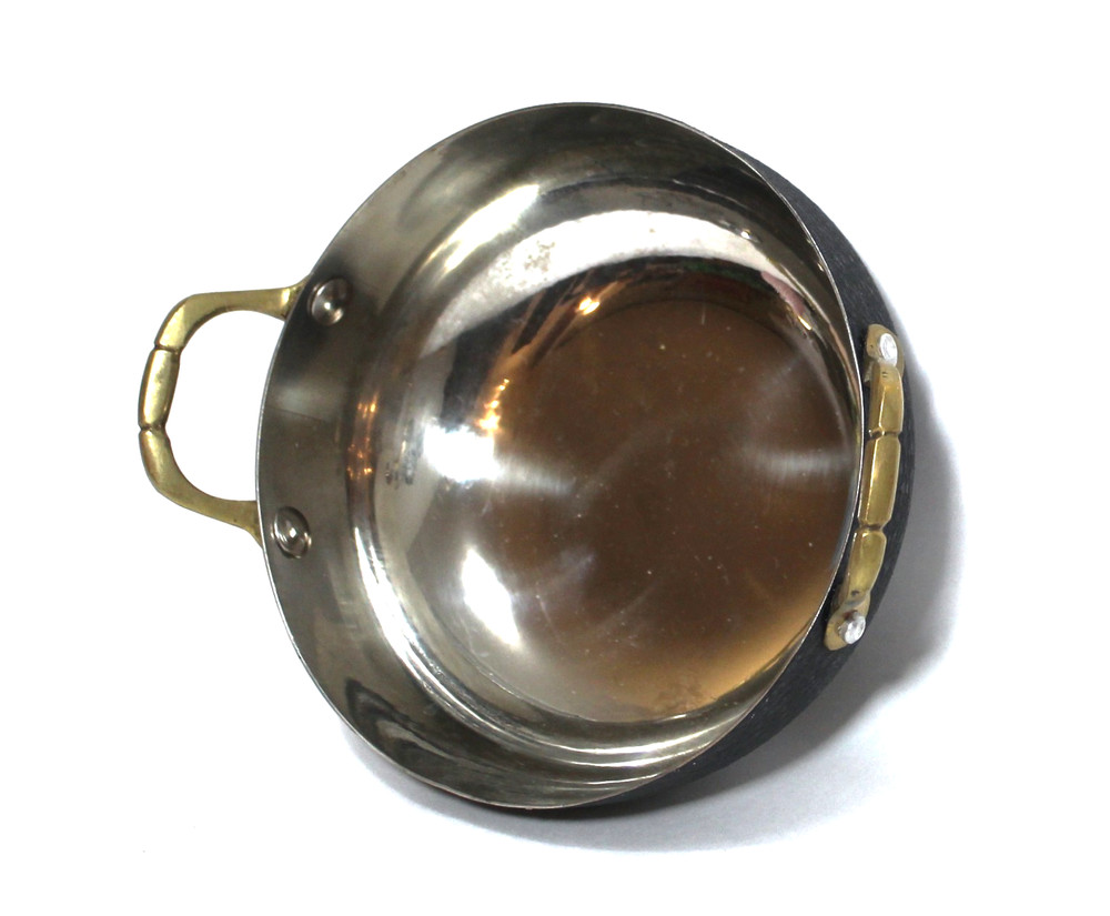 Small Shallow Pan Black Metal with 2 Brass Handles