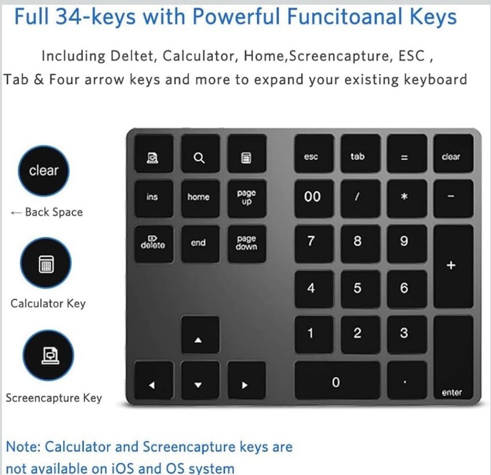 Bluetooth Number Pad Wireless Numeric Keypad USB-C Rechargeable External 34-K...