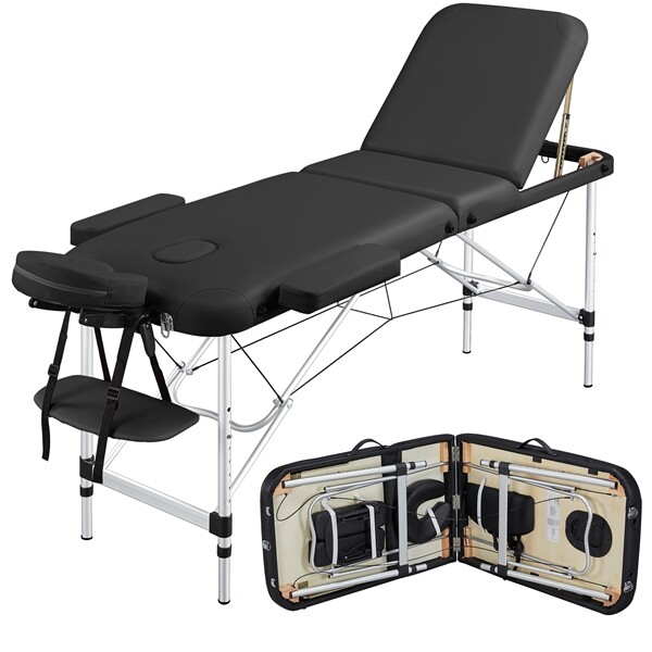 Aluminium Massage Table Portable Beauty Bed 3 Fold Tattoo Bed Black 84'' Renewed