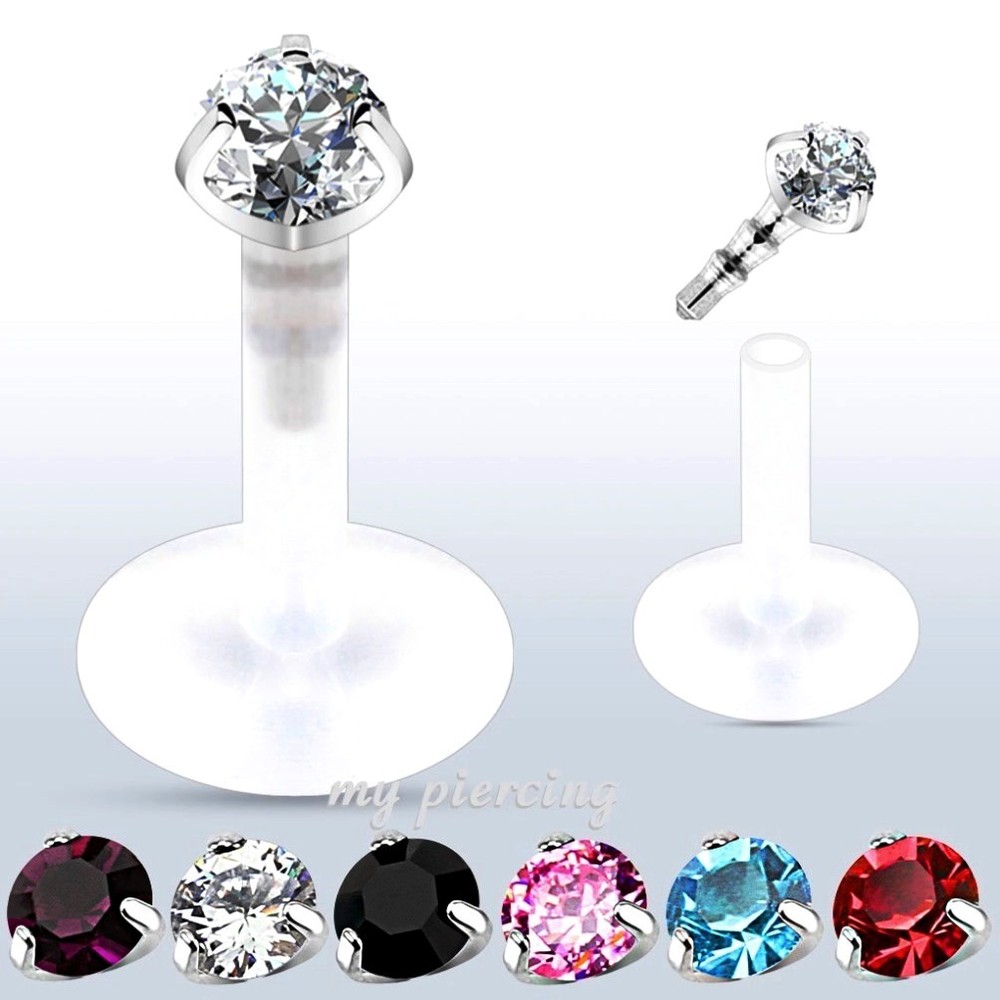 2pcs. 16G Bio Flex Push-In 2mm CZ Prong Set Labret Monroe Tragus Stud