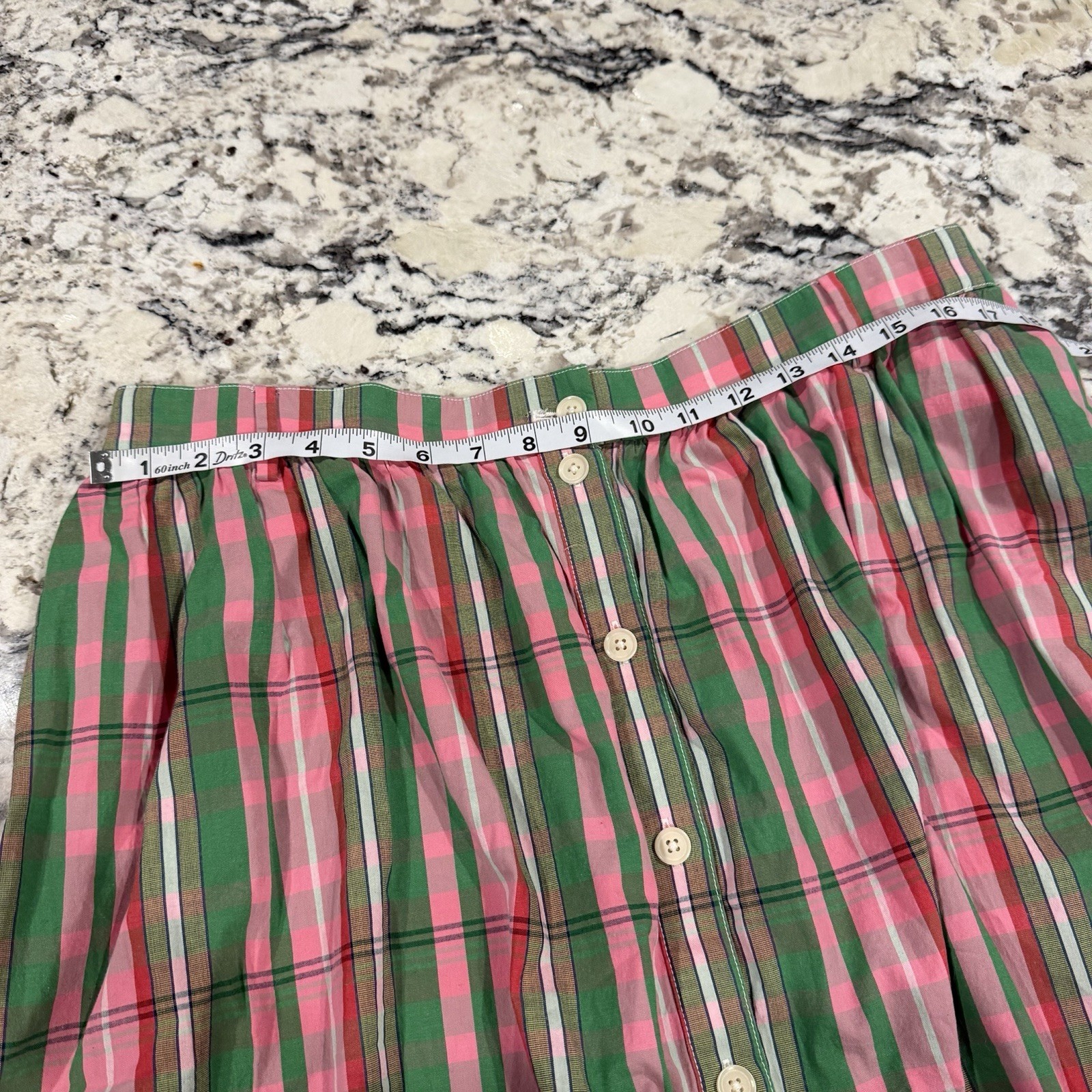 J CREW Midi Skirt 16 Pink Green Plaid Check Organic Cotton Button Front Pocket