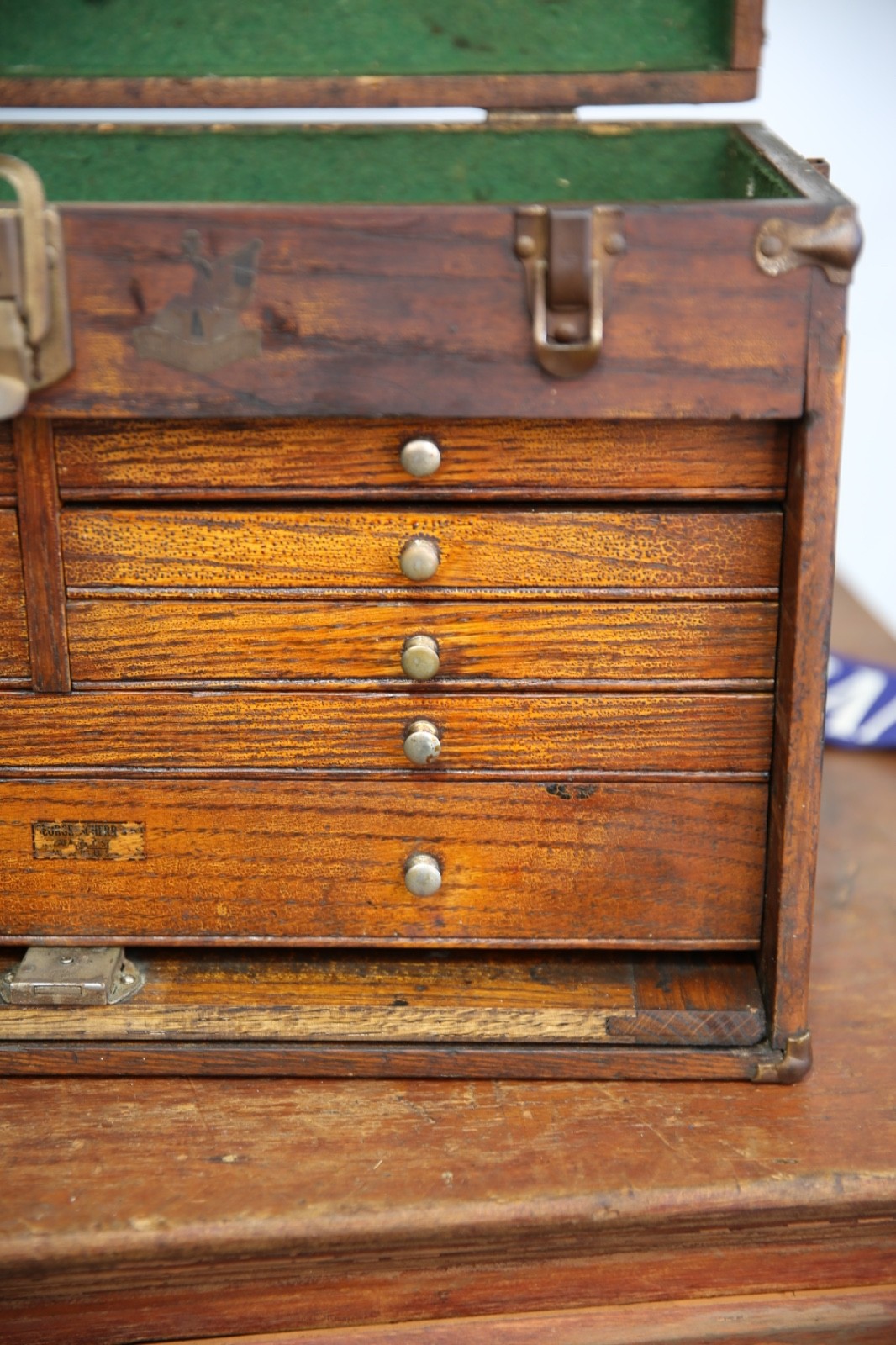 Antique Machinist Tool Box oak chest Wood Jewelry box 7 Drawer Vintage case