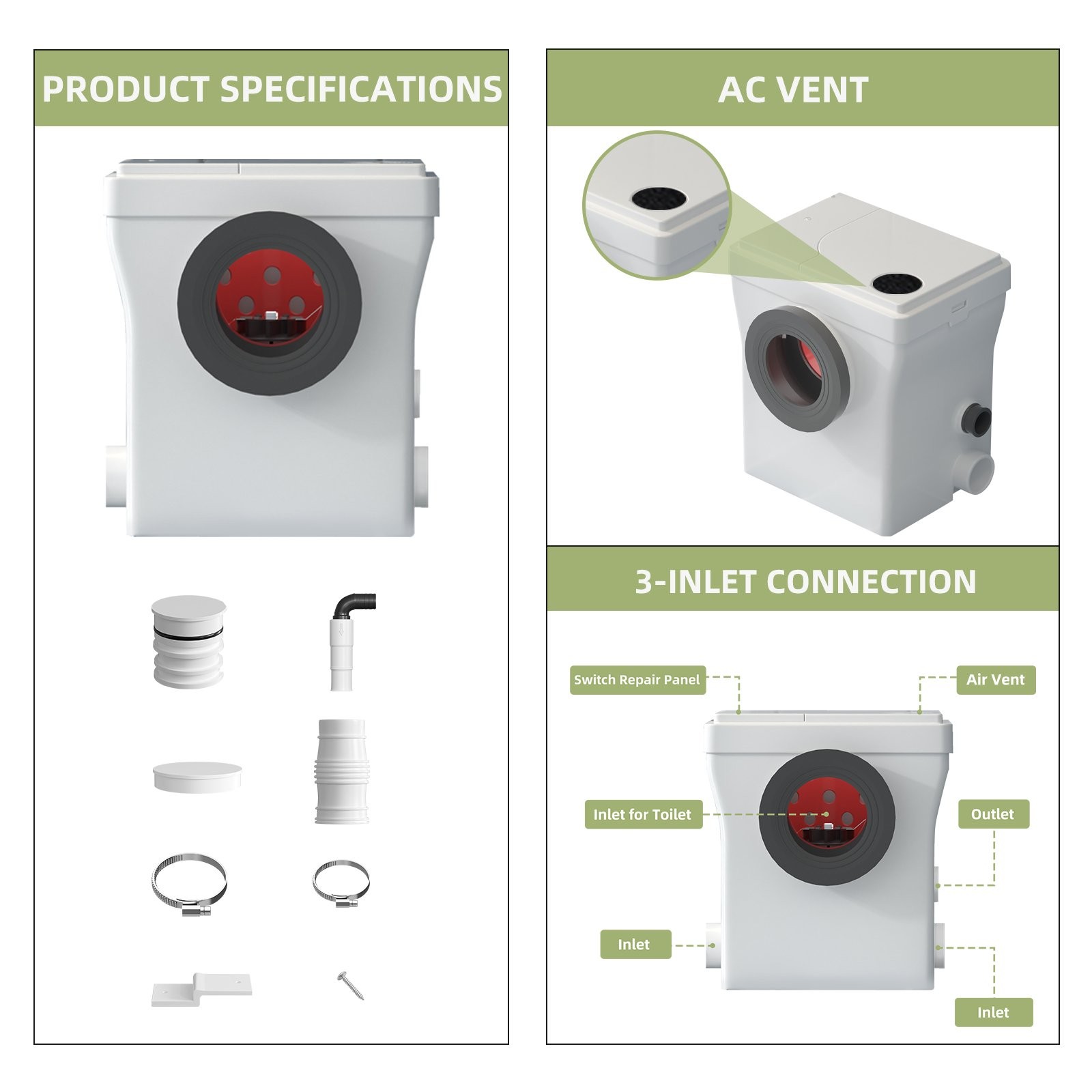 One Piece Macerating Toilet System with 600W Pump Upflush Toilet for Basement