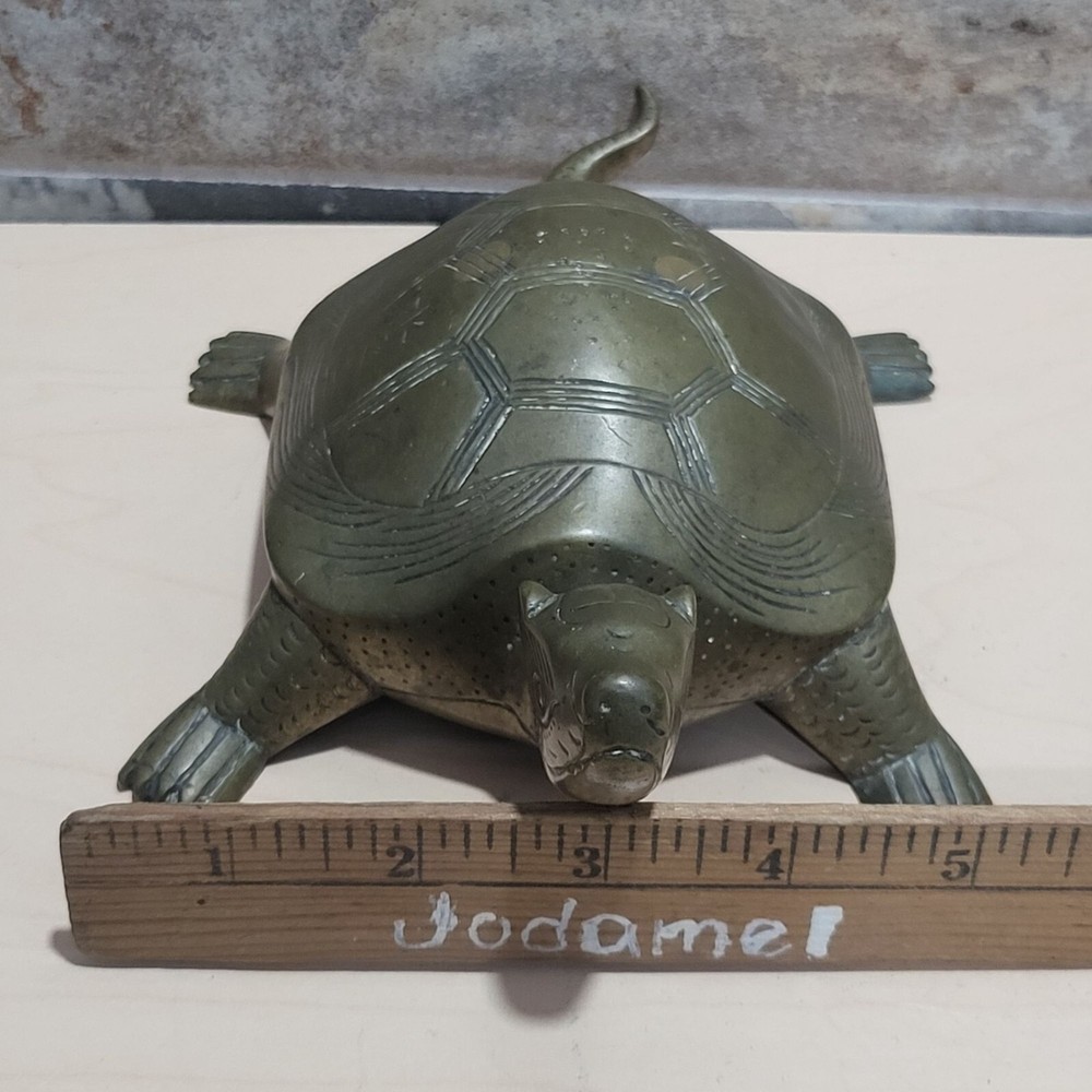 Vintage Etched Solid Brass Turtle Longevity Animal Tortoise
