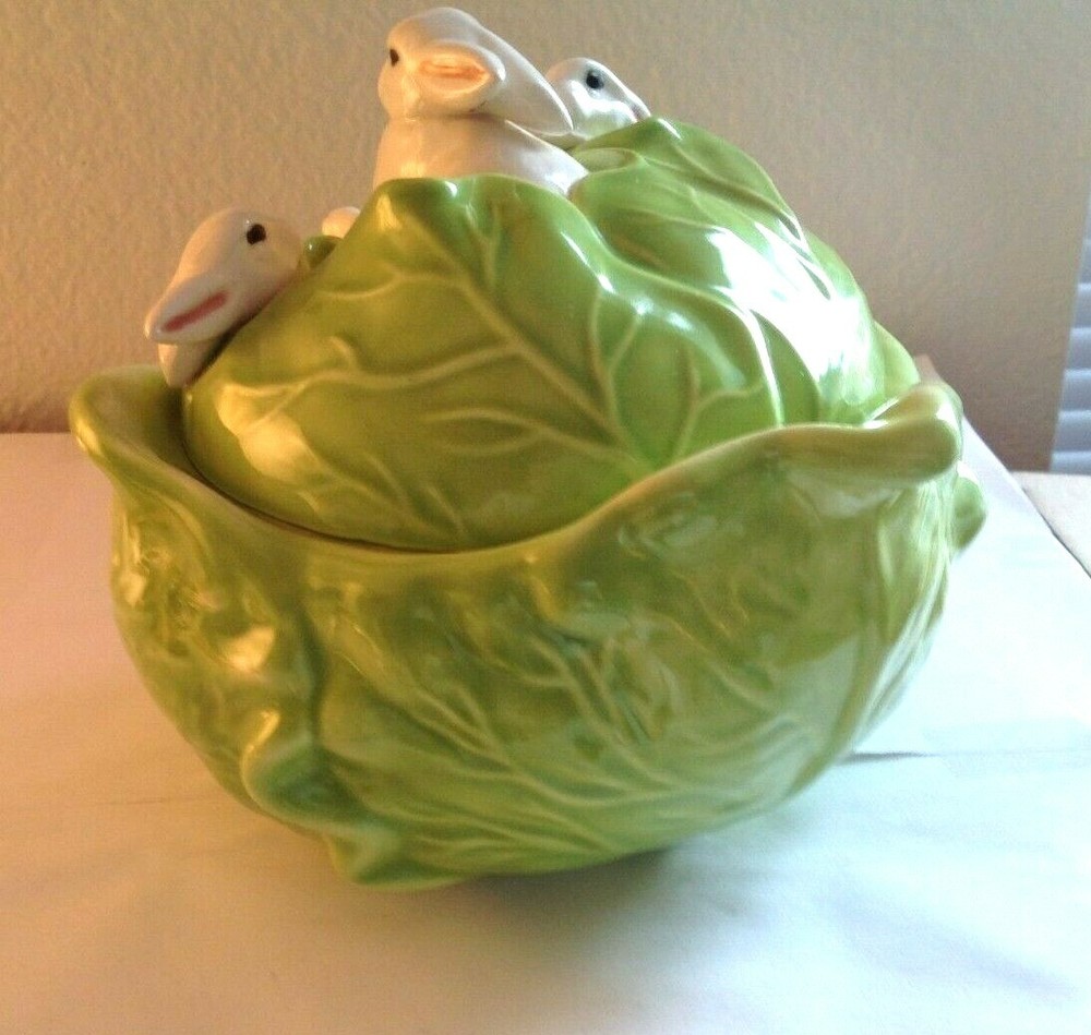 Vintage Bunny Rabbits Inside Green Cabbage Serving Dish