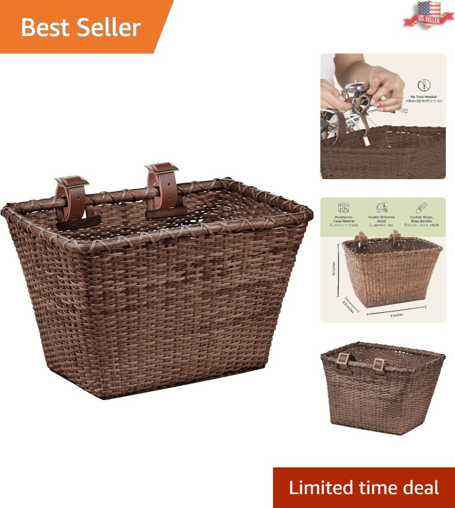Rectangular Cane Bicycle Basket with Authentic Leather Straps & Brass Buckles
