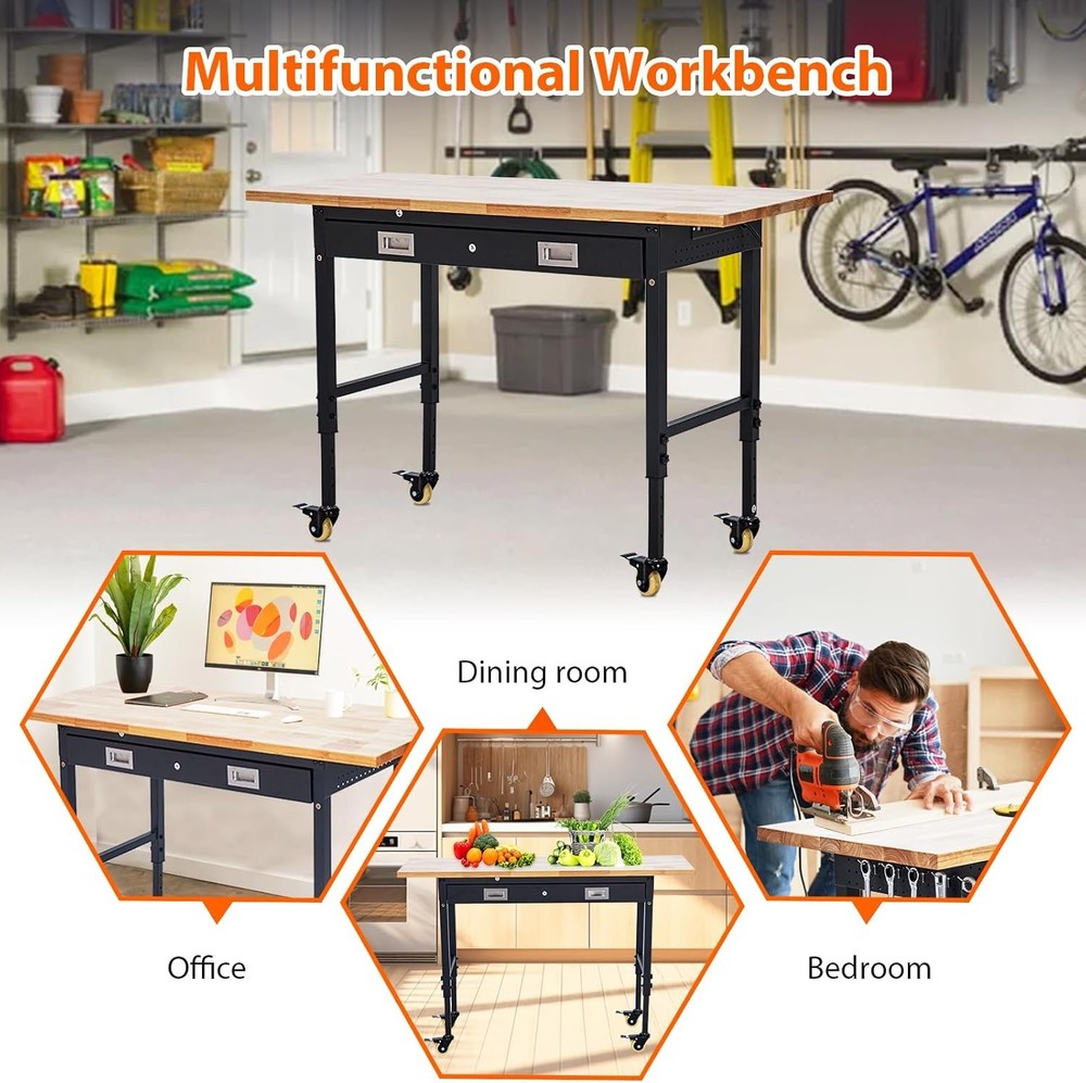 60"x 22" Workbench Adjustable Height Worktable 2000 lbs w/ Power Outlet & Drawer