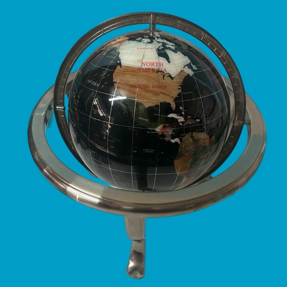 Black Onyx Gemstone Globe With Silver Stand And Compass 15”Tall 13”Diameter
