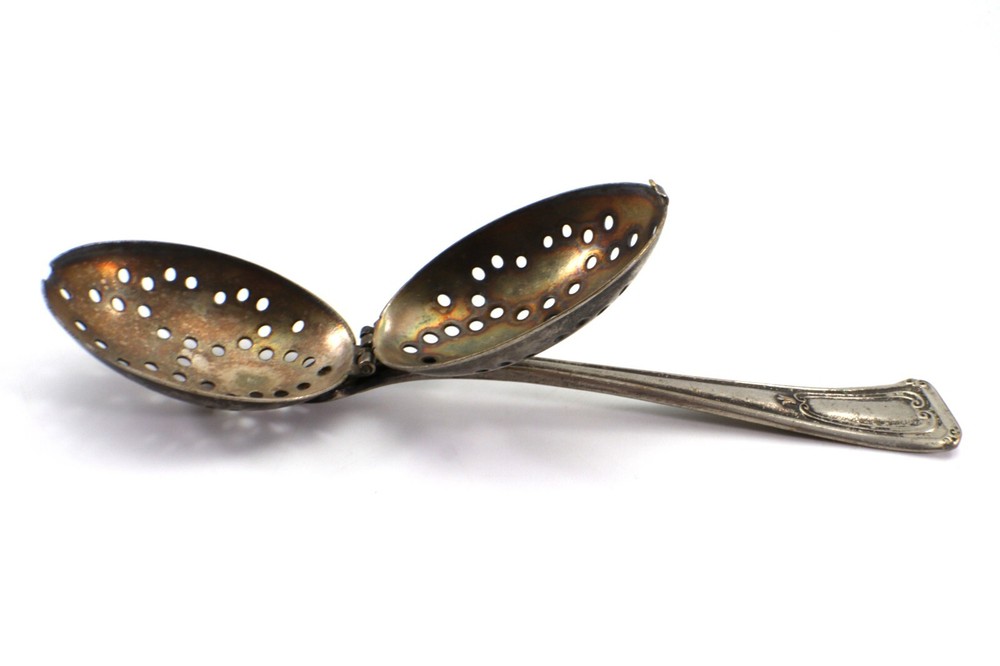 E&JB TEA INFUSER SPOON Strainer Silverplated Hinged Double Spoon Vintage