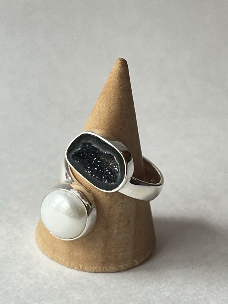 Pearl & Geode Adjustable Ring 925 Sterling Silver Size 7