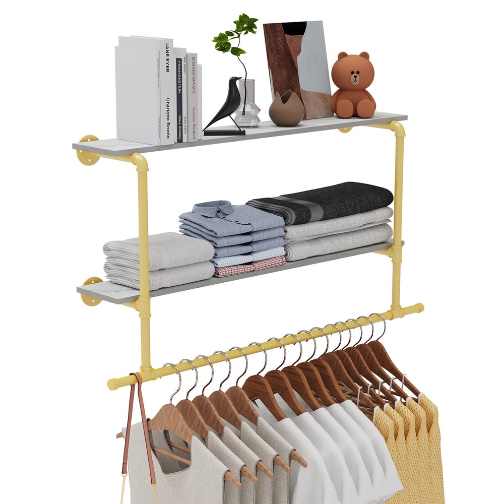 Saving Space Clothes Display Rack Wall-mounted with Hanging Rod for Laundry Room