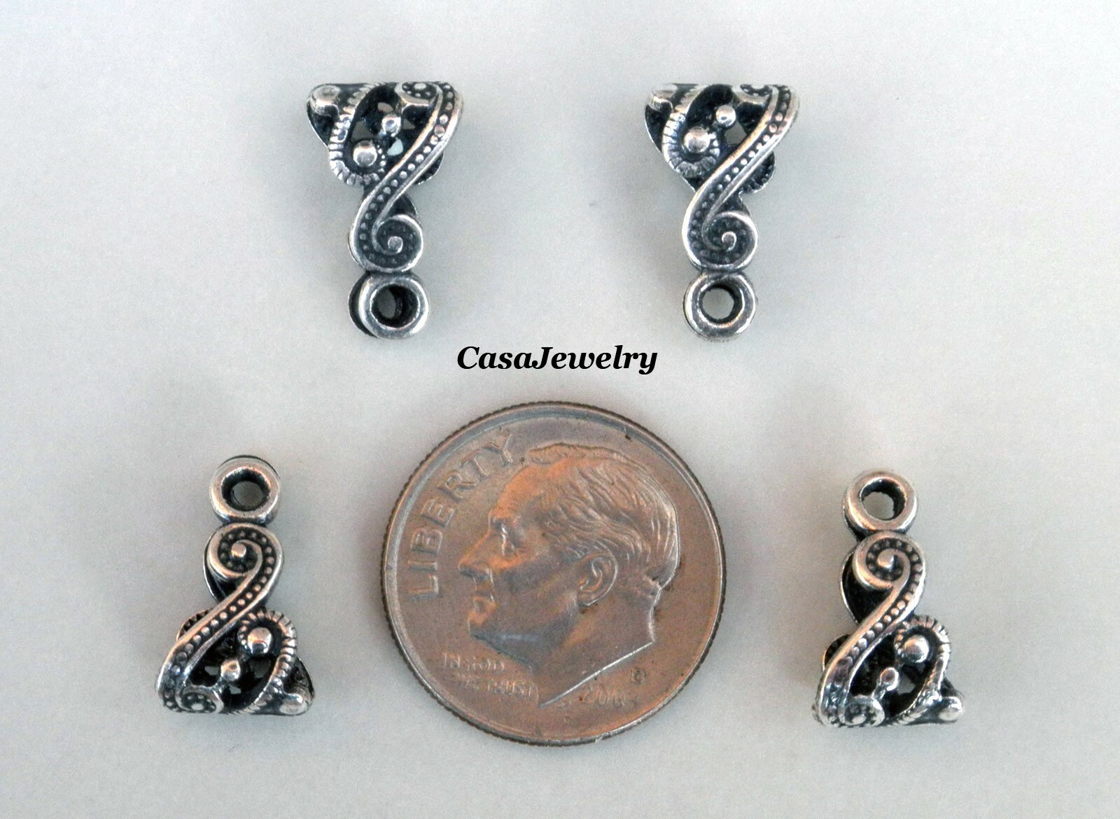 #3411 ANTIQUED STERLING SILVER PLATED FILIGREE SLIDE BALE W/TOP RING - 4 Pc Lot