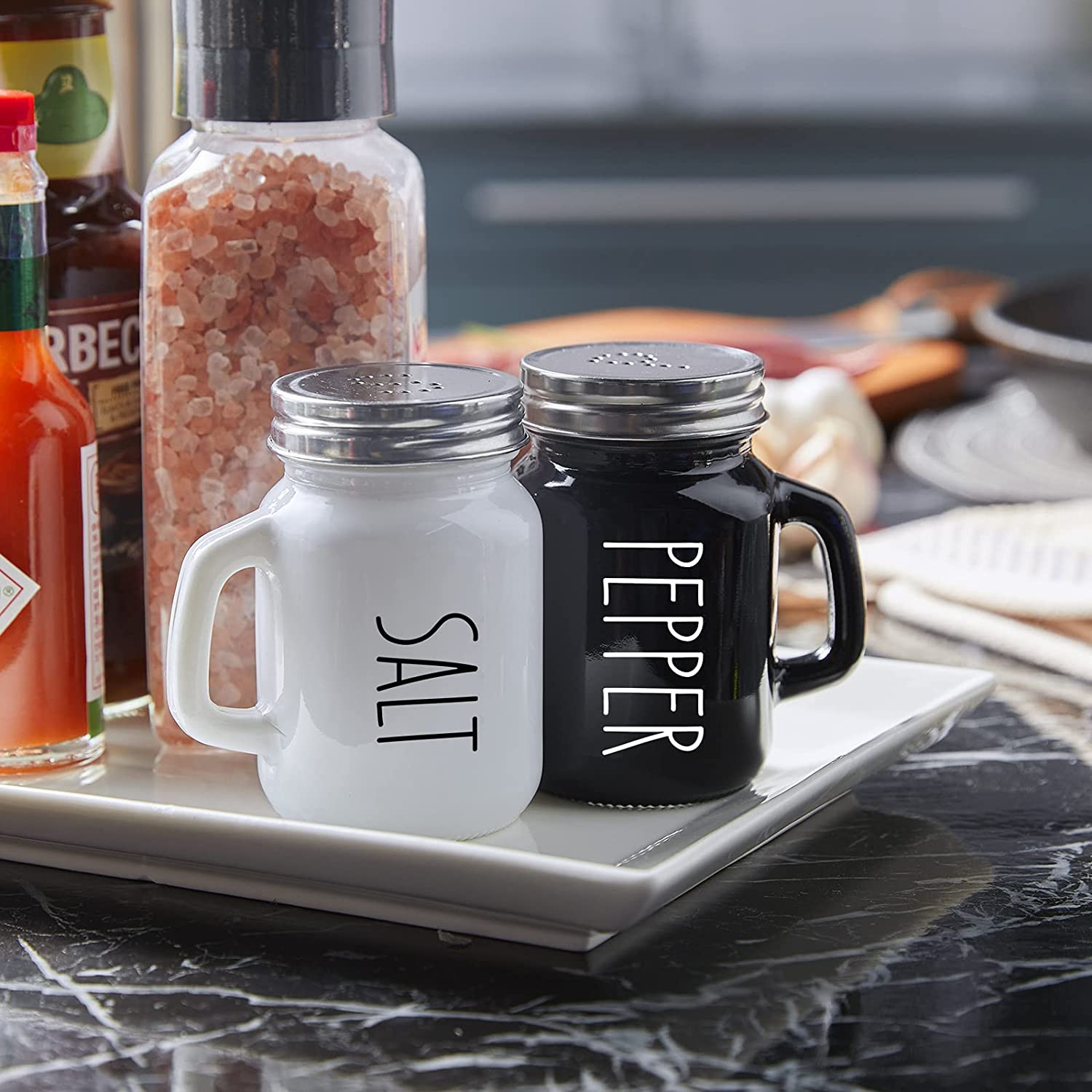 Salt and Pepper Shakers Set, 4 Oz Cute Glass Black White Sets Stainless Lids