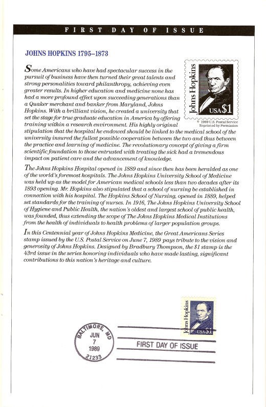 #2194 First Day Ceremony Program$1 Johns Hopkins Stamp