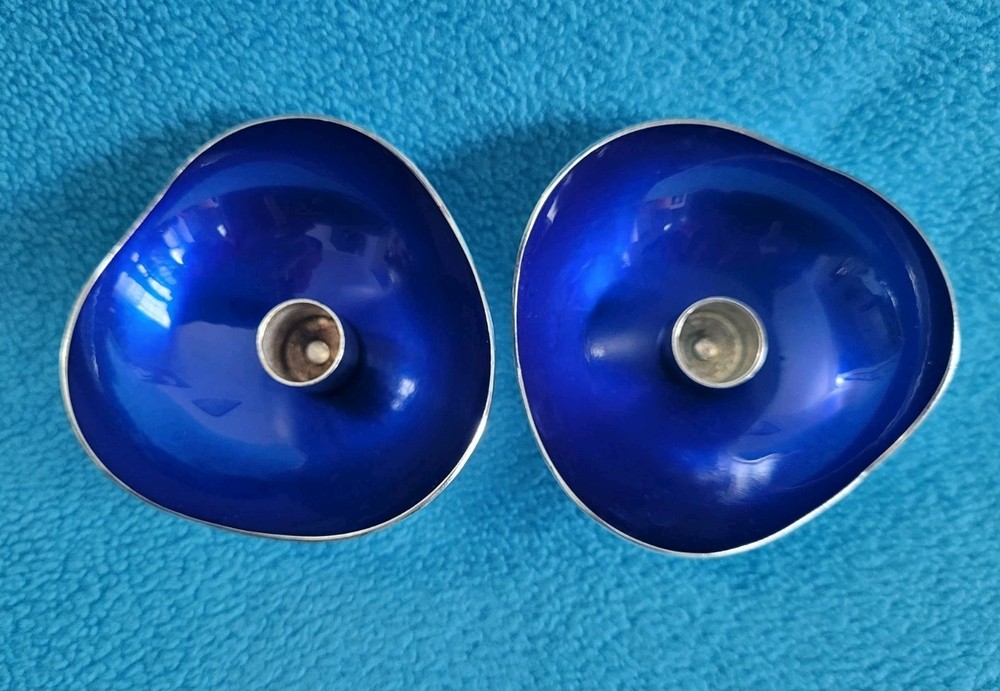 2 Vintage MEKA MADE IN DENMARK Blue Enamel Silver Plated Candleholders