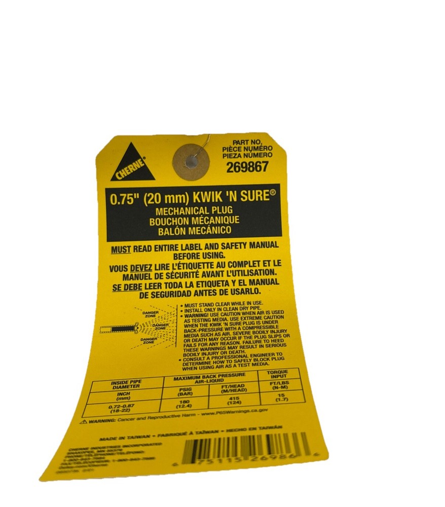 Cherne 269867 Pipe Plug,Mechanical,0.75 In