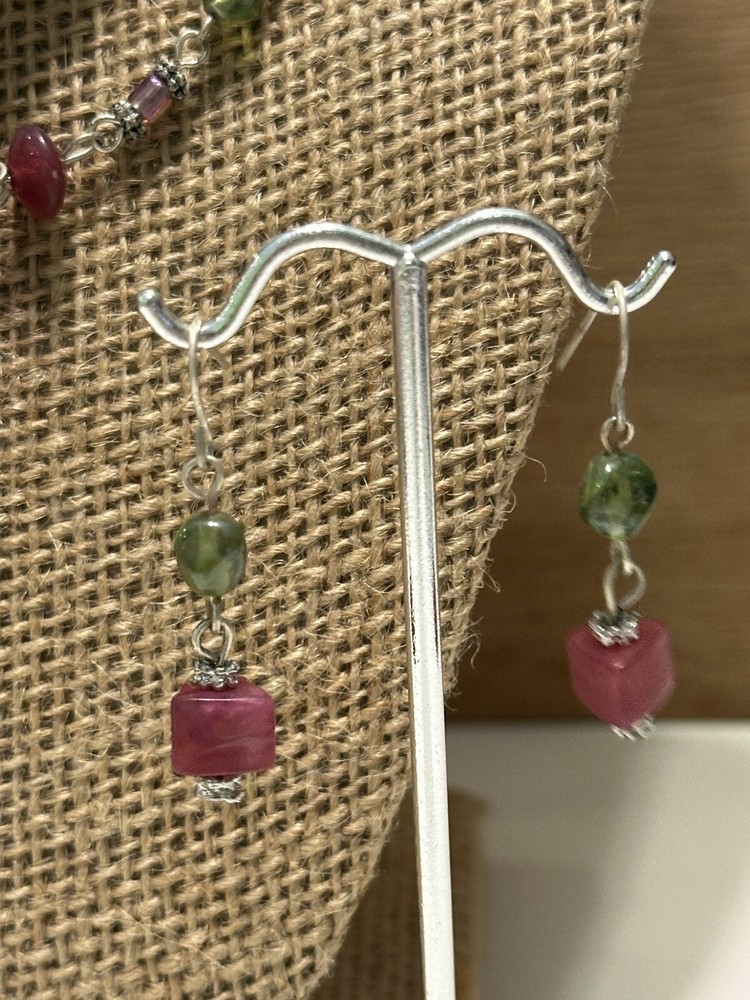 Beaded Silver Tone Corded Multi Strand Necklace Earring Set