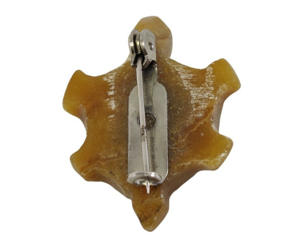 Hand Carved Stone Turtle Brooch Brown