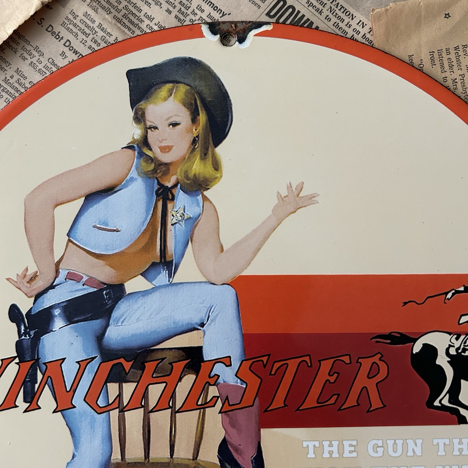 VINTAGE WINCHESTER FIREARMS HUNTING AMMO 12 INCH PORCELAIN ENAMEL SIGN