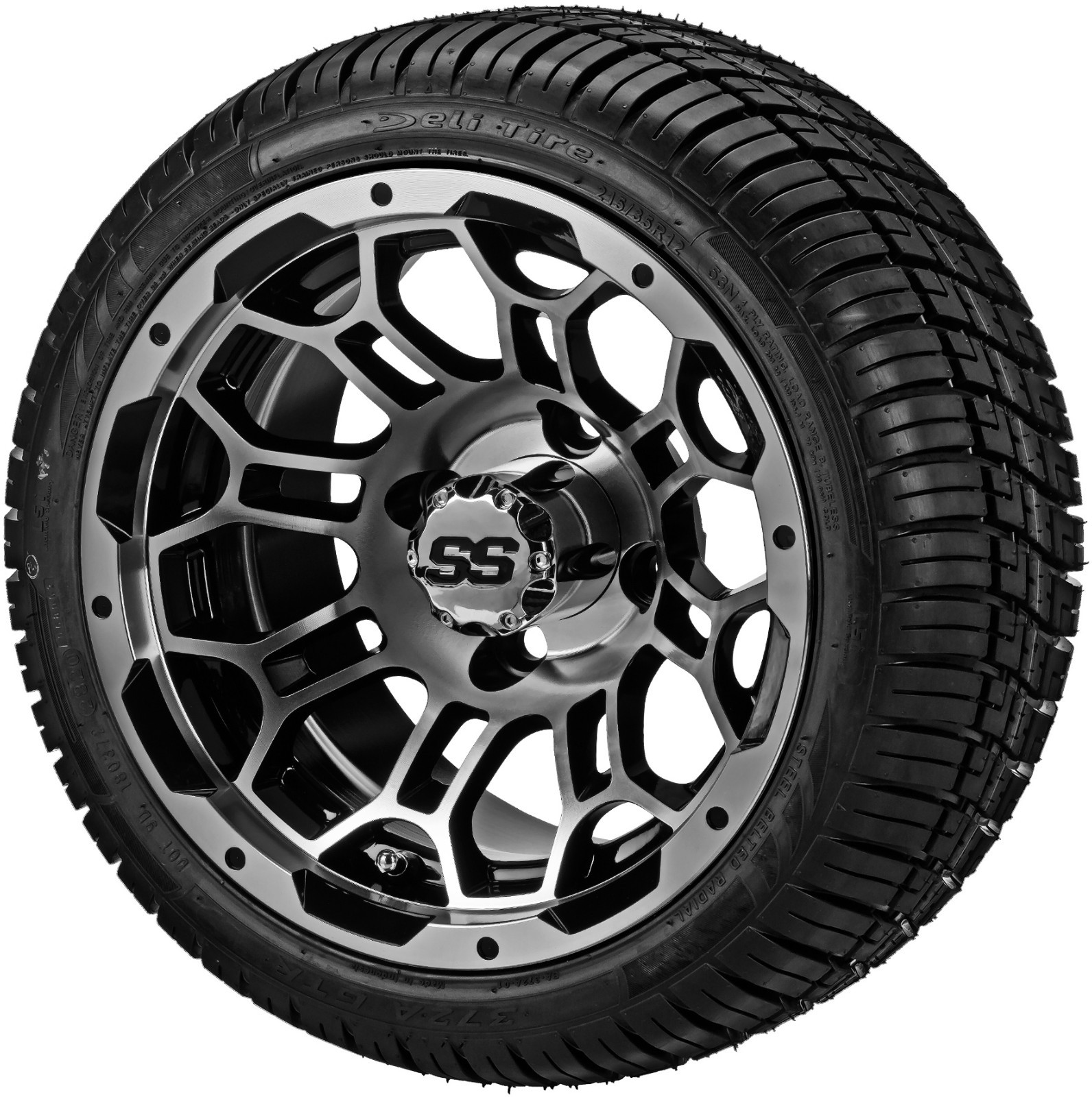(4) Golf Cart 215/35R12 Deli Radial Tires on 12x7 Black/Machined Hercules Wheels