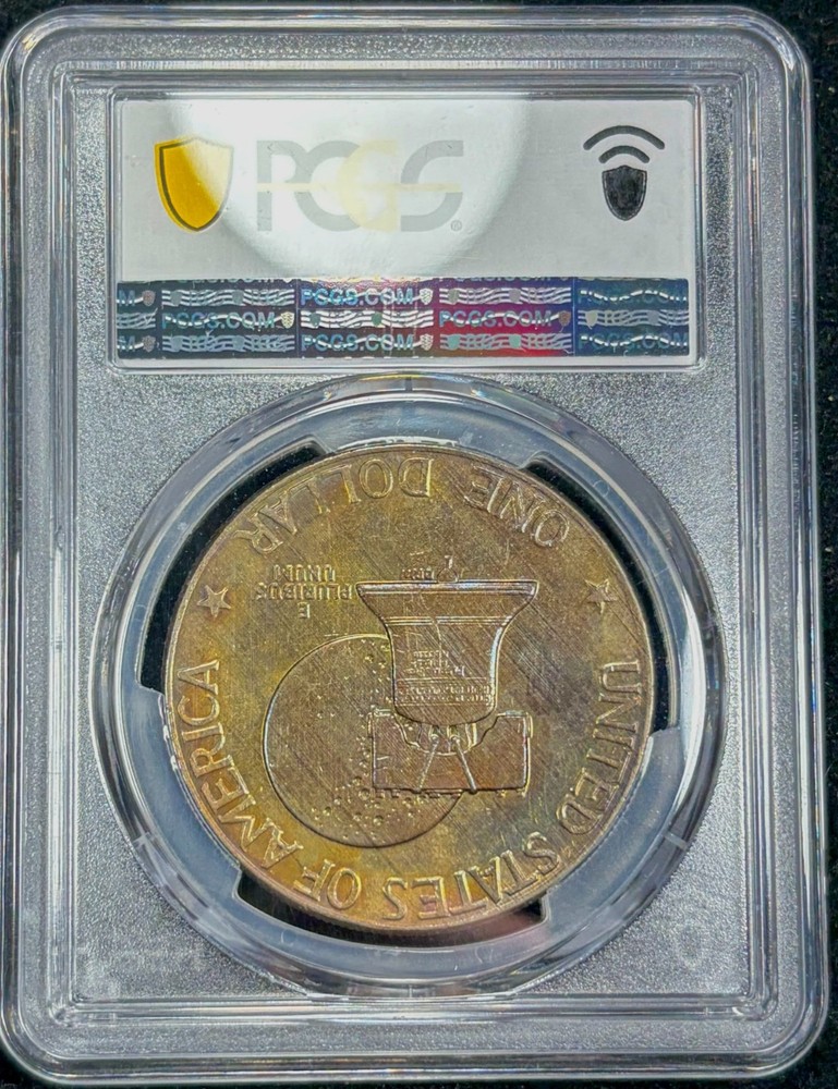1976-D PCGS MS63 Type 2 Eisenhower $1 , Breathtaking Rainbow Toning!