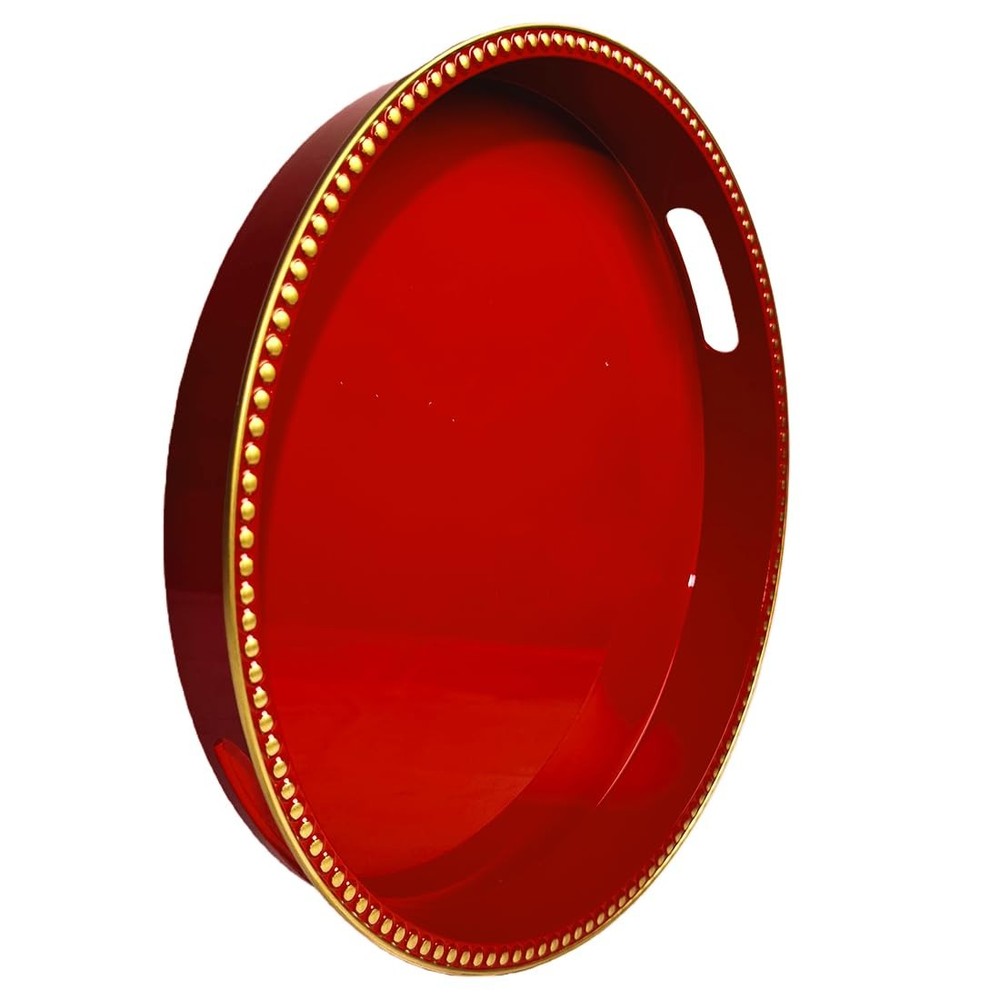 Red Decorative Tray for Coffee Table, Round Beaded Plastic Serving Tray forKi...